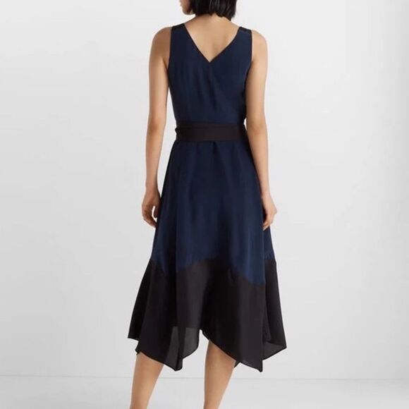 NEW Club Monaco 100% Silk Colorblock Blue Black Sleeveless Midi Wrap Dress 6 - Picture 2 of 6